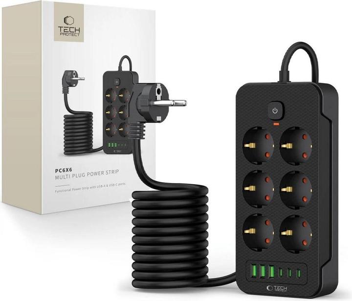 Produktbild Tech-Protect PC6X6 Power Strip 6 Sockets 240V + 3xUSB-A + 3xUSB-C 200cm - Black (6 x, USB-A, USB-C, 2 m)