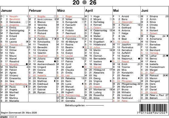 Actual product image Simplex Kalender mit Namenstagen A5 Querformat, 2026 (A5, German)