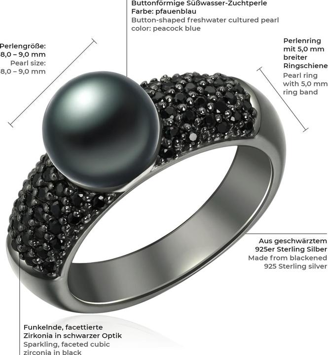 Actual product image Valero Pearls Ladies Sterling Silver Cubic Zirconia Freshwater Cultured Pearl Black - 2198 (64, 925 Silver)