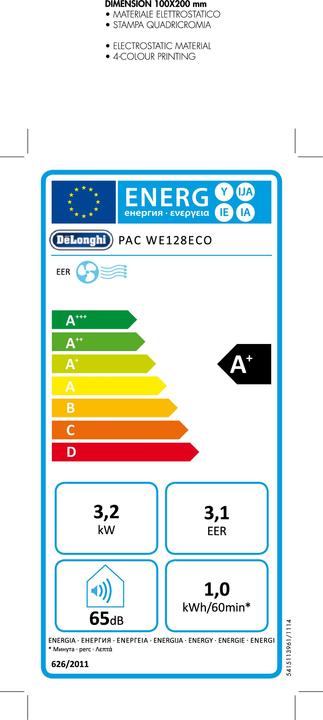 Energy Label De'Longhi PAC WE128 Eco (44 m², 12500 BTU/h)
