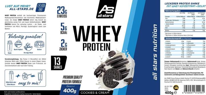 Nährwerte und Zutaten All Stars 100% Whey (Cookies & Cream, 1 Stk., 400 g)