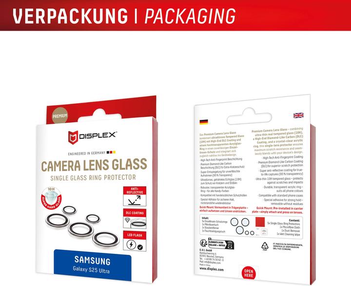 Immagine prodotto Displex Premium Camera Lens Glass, Kamera Schutzglas, Einzelringe (1 Pezzo/i, Samsung Galaxy S25 Ultra)
