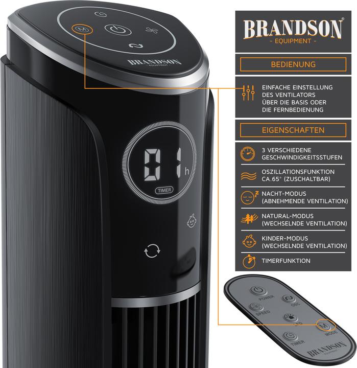 Image du produit Brandson Ventilateur de tour, télécommande, ventilateur de pied 108 cm, inclinable à 10°, oscillation, 4 (52 dB)