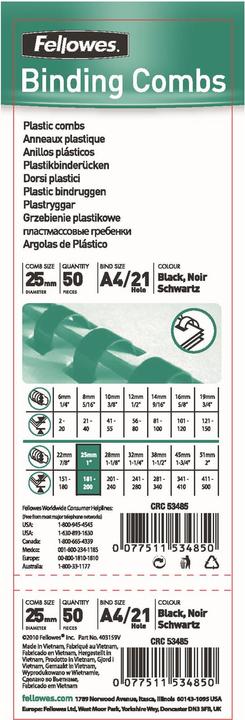 Valeurs nutritives et ingrédients Fellowes Dos de reliure en plastique A4 50 pièces - 25 mm, noir