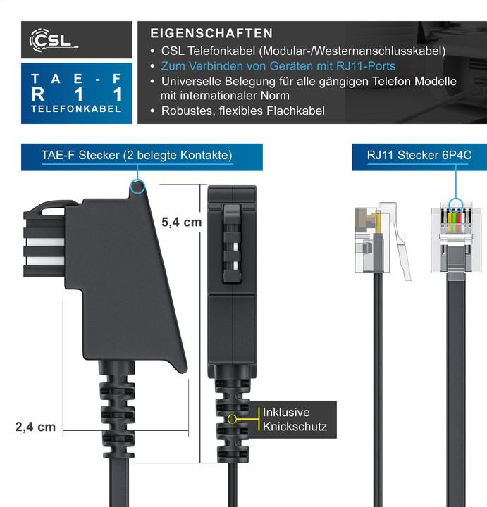 Actual product image CSL Telephone cable flat, TAE-F plug to RJ11, telephone socket to telephone, flat cable, fax, answering