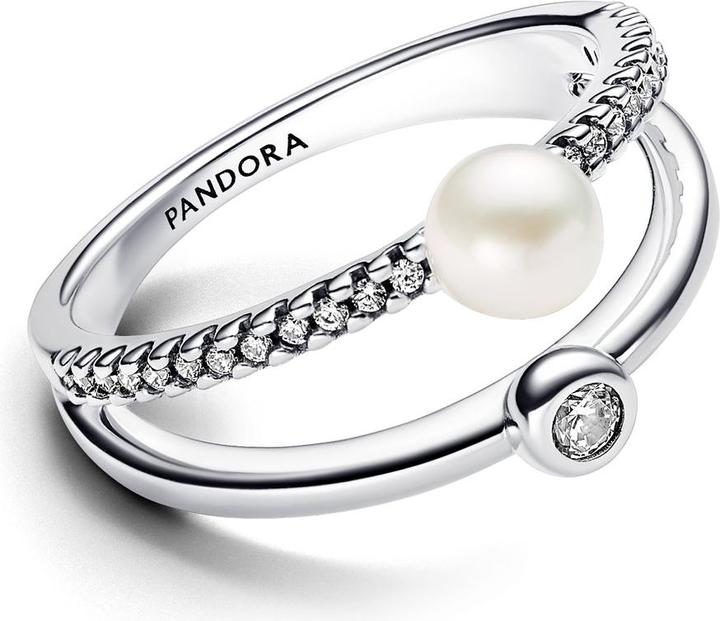 Actual product image Pandora Treated cultured freshwater pearl & pavé double band ring (48, 925 Silver)