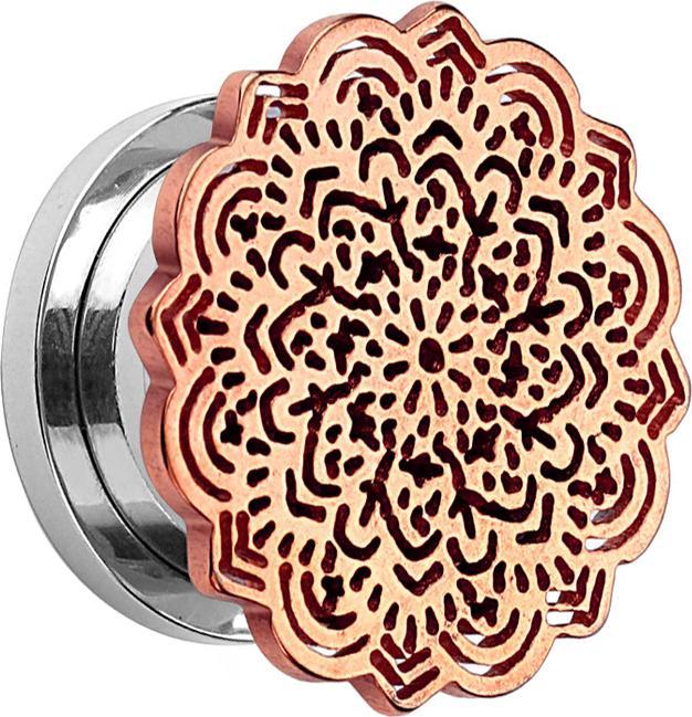 Image du produit Star Piercing Flesh Tunnel argenté avec fleur tribale rose doré (sans laiton, Acier chirurgical 316L)