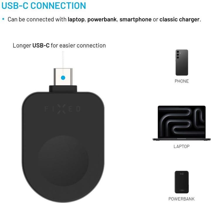 Image du produit Fixed Adaptateur de charge USB-C pour Apple Watch compatible avec Powerstation Uni, noir