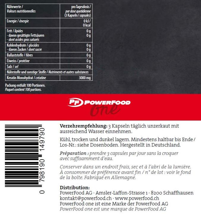 Nährwerte und Zutaten PowerFood One High Grade Creatine (300 Stück, Kapseln, 348.90 g)