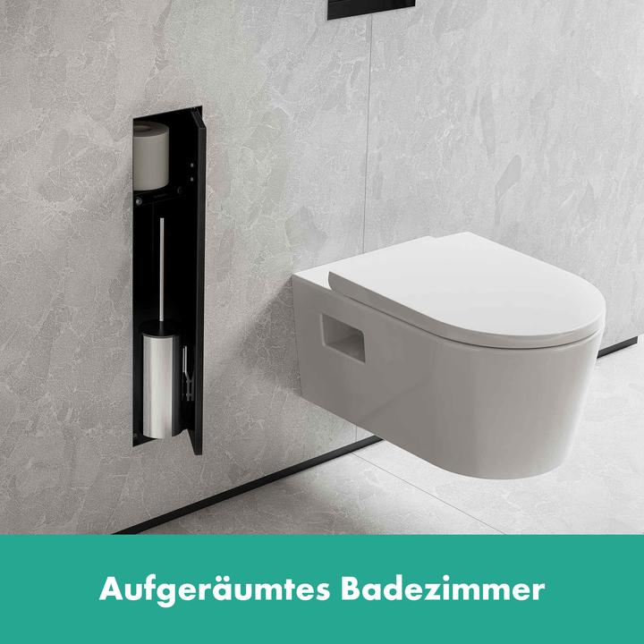 Actual product image hansgrohe XtraStoris Rock toilet brush holder, with shelf, tileable door, frameless, 145x140x595mm