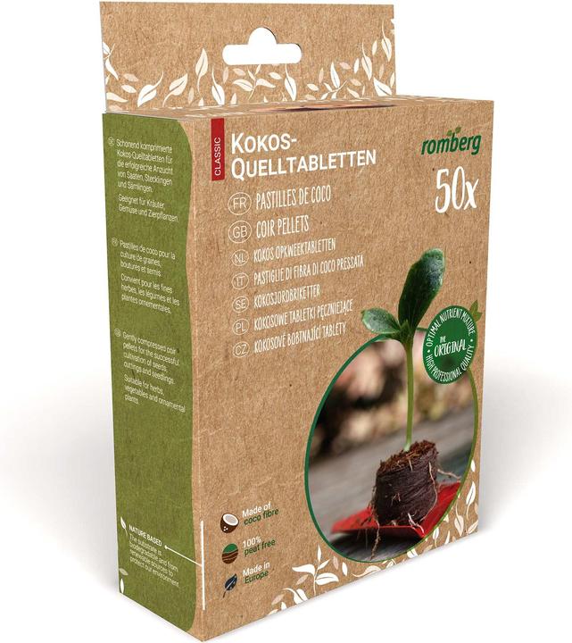 Produktbild Romberg Kokos-Quelltabletten für Pflanzenanzucht – 50 Stück, Ø 36mm Anzucht-Substrat mit leichter St