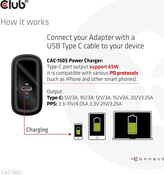 Immagine prodotto Club 3D Caricabatterie da viaggio 65W tecnologia GAN (65 W)