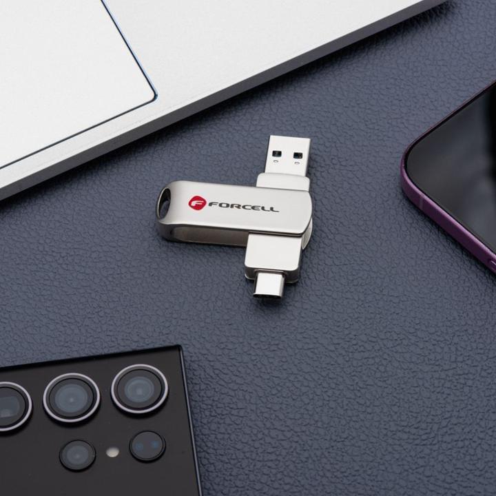 Produktbild Forcell Memory cards F-DATA pendrive Metal Duo 128GB USB3.2 Gen 1 (USB A / Type C) silver (128 GB, USB-C, USB-A)