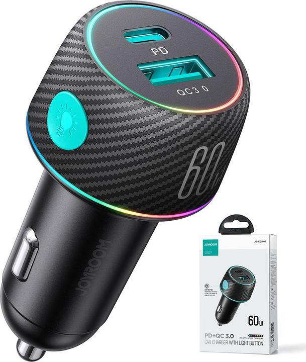 Image du produit Joyroom Chargeur de voiture multi-couleurs avec USB-A+USB-C 60W - Noir