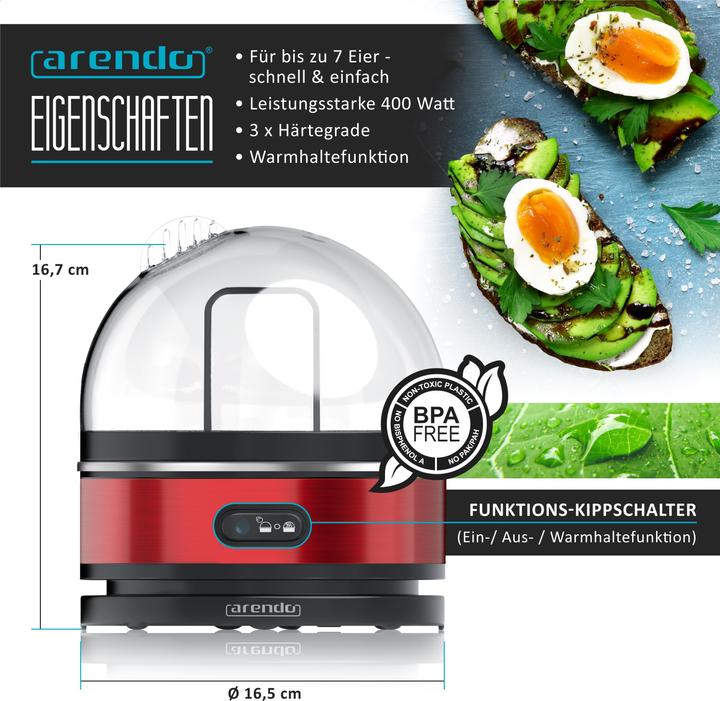 Produktbild Arendo Edelstahl Eierkocher 7-fach, 400 W, Edelstahl, Warmhaltefunktion, Härtegrad einstellbar, rot