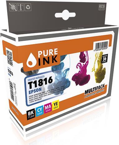 Actual product image Pure Ink EPST1816MP4 PI EPSON T1816 XP ink (4) cmyk HC rebuilt 1x470/3x450pages chip (M, B, C, Y)