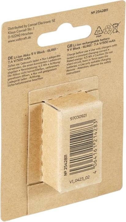 Produktbild Voltcraft 6LR61 9 V Block-Akku Li-Ion 500 mAh 7.4 V 1 St. (7.40 V, 500 mAh)