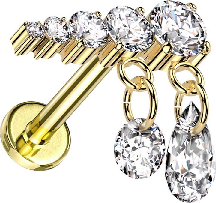 Hollywood Body Jewelry Micro Labret Innengewinde vergoldet fünf Kristalle silber Anhänger zwei Ketten Kristalle silber link (ohne Messing, Titan G23)