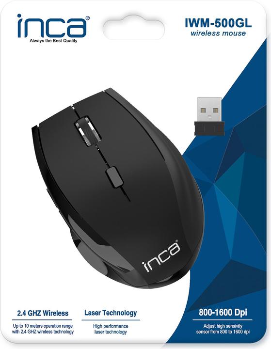 Productafbeelding Inca Muis IWM-500GL Nano USB, Draadloos, Laser, 1600 DPI, SW (Draadloze)