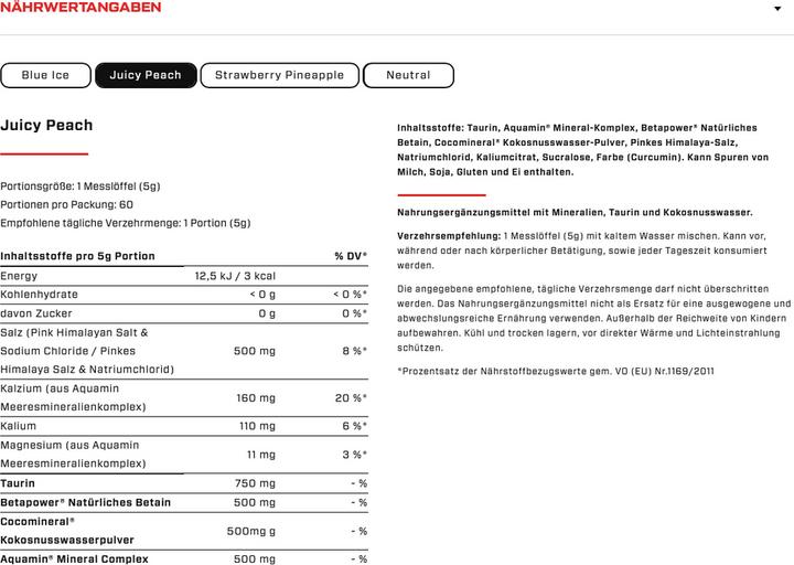 Valeurs nutritives et ingrédients Vast Hydro (Pêche juteuse, 1 pcs, 300 g)