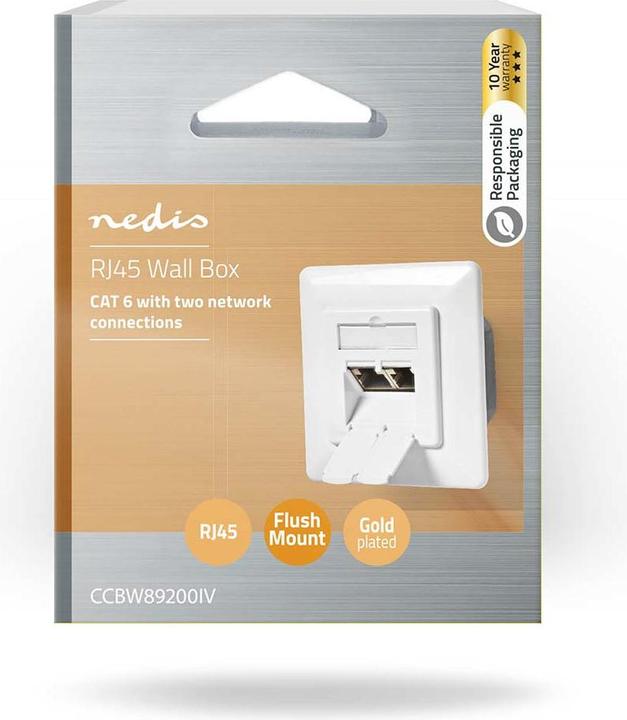 Actual product image Nedis Network wall outlet | Flush-mounted | 2-Port port(s) | CAT6 | Straight | Socket | Gold-plated | PVC (UTP, CAT6, 0.08 m)