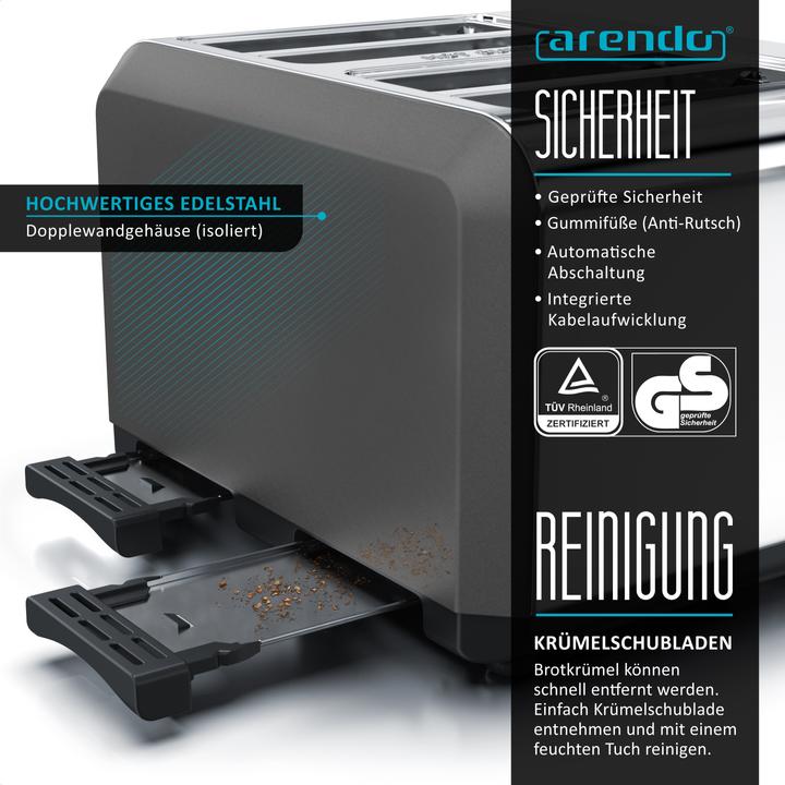 Produktbild Arendo Edelstahl Toaster 4 Scheiben, Automatik, Edelstahl, Wärmeisolierendes Doppelwandgehäuse, grau