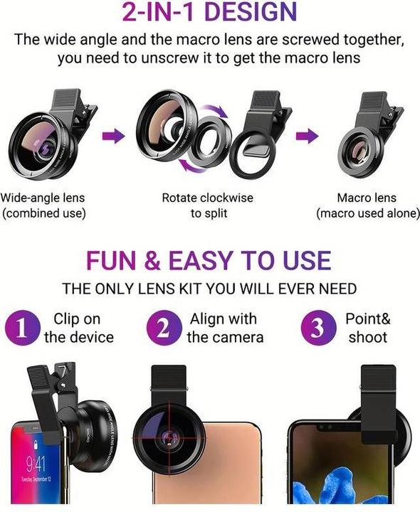 Produktbild PhoneLook APEXEL Smartphone Kamera Objektiv Aufsatz 2 in 1 Ultra Weitwinkel 0.45x Objektiv & Super Makro Linse