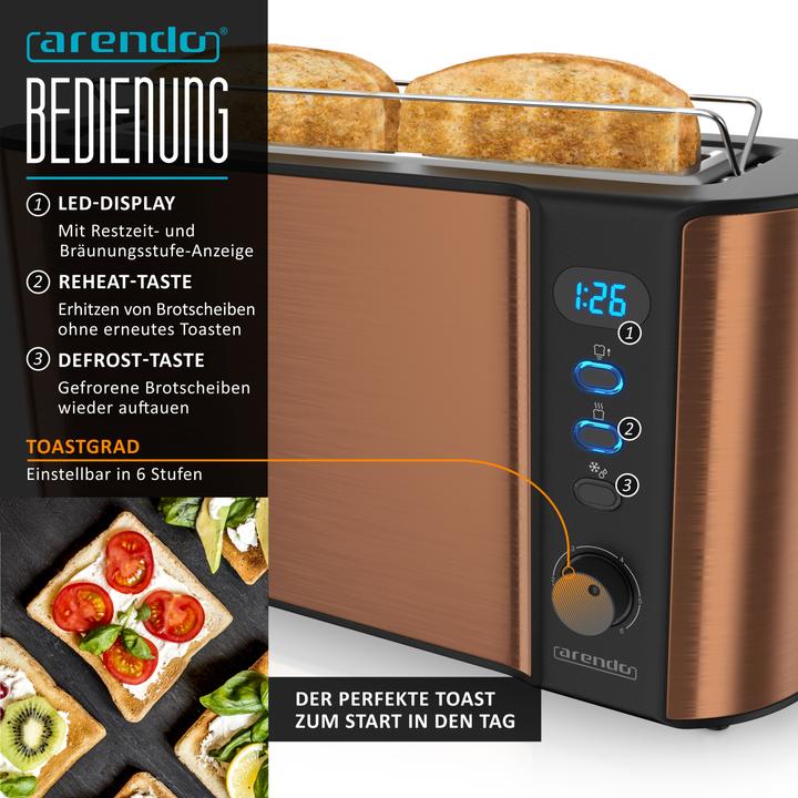 Actual product image Arendo Breakfast set, 2-slice long slot toaster with bun rack & egg cooker for 6 eggs, copper