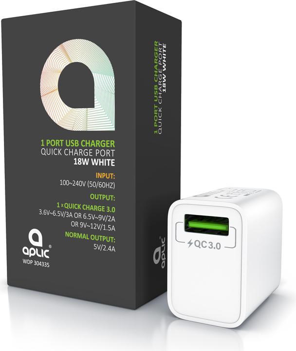 Actual product image Aplic USB charger 18W Quick Charge 3.0, fast charging function, for smartphones, tablets, white (18 W)