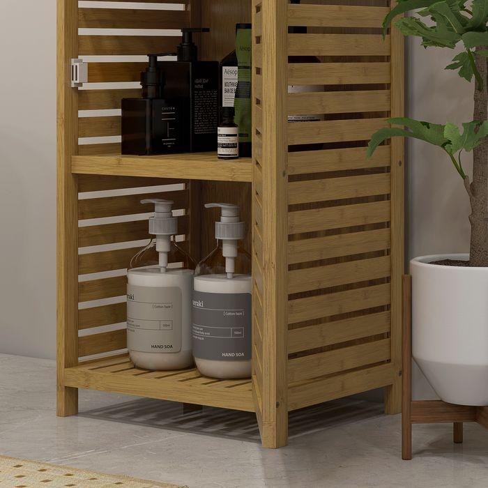 Actual product image Swisshandel24 Bathroom cabinet, bamboo, cabinet compartment, 3 open compartments, anti-tilt protection, natural