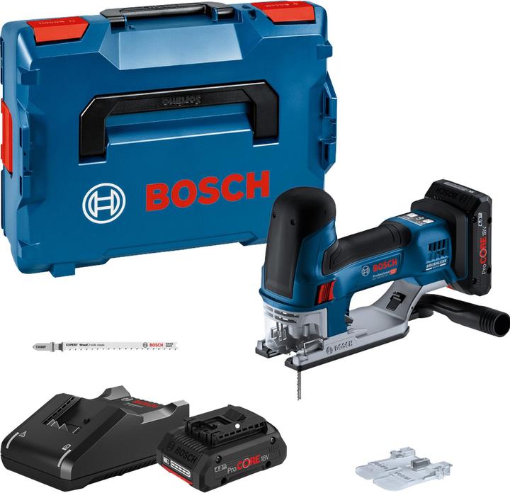 GST 18V-155 SC, 1 x lame de scie sauteuse T 308 BP, 1 x lame de scie sauteuse T 144 DP, L-BOXX 136, Chargeur rapide GAL 18V-40 Professional, 2 x batterie ProCORE18V 4.0Ah, Précision pour le bois