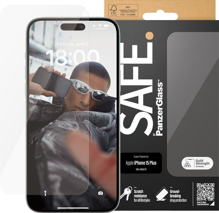 Actual product image PanzerGlass SAFE. Screen Protector iPhone 2023 6.7 Ultra-Wide Fit (1 Piece, Apple iPhone 15 Plus)