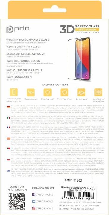 Immagine prodotto prio Vetro protettivo 3D per iPhone SE (2022/2020) nero (1 Pezzo/i, Apple iPhone SE (terza generazione), Apple iPhone SE (seconda generazione))