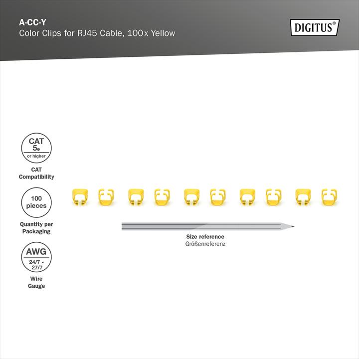 Immagine prodotto Digitus Clip colorate per cavi RJ45 Colore giallo, confezione da 100 pezzi