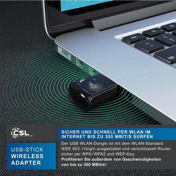 Produktbild CSL WLAN Dongle, 300 Mbit/s USB Stick WiFi Adapter 2,4 Ghz 2T2R, Verstärkung 18 dBm, WEP WPA WPA2 (USB 2.0)
