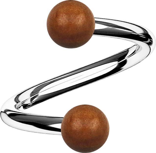 Star Piercing Spirale silber mit zwei Kugeln aus Sawo Holz (Chirurgenstahl 316L, ohne Messing, Organisch)