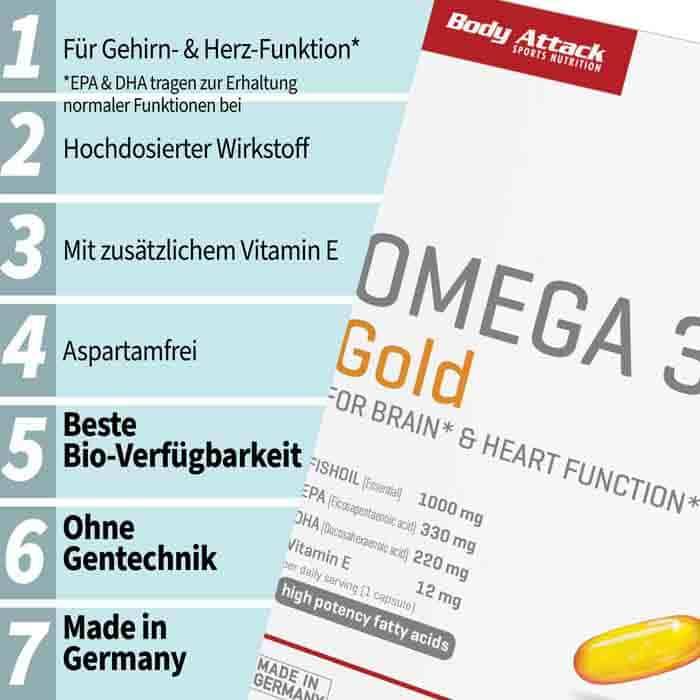 Valori nutrizionali e ingredienti Body Attack Omega 3 Oro (120 Pezzo/i, Pillole, 160 g)