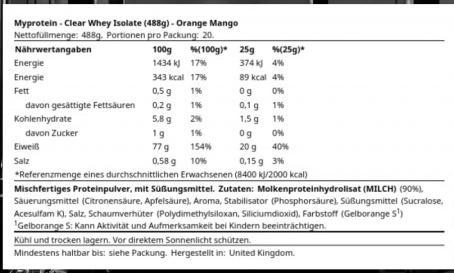 Valeurs nutritives et ingrédients MyProtein Isolat de lactosérum clair (Orange, Mangue, 1 pcs, 488 g)