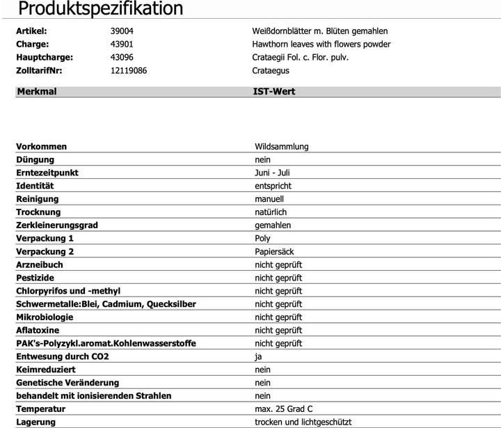 Nährwerte und Zutaten Zimmerli Adaptogene Weissdorn Kapseln 50 Kapseln (1 Stück, Kapseln, 25 g)