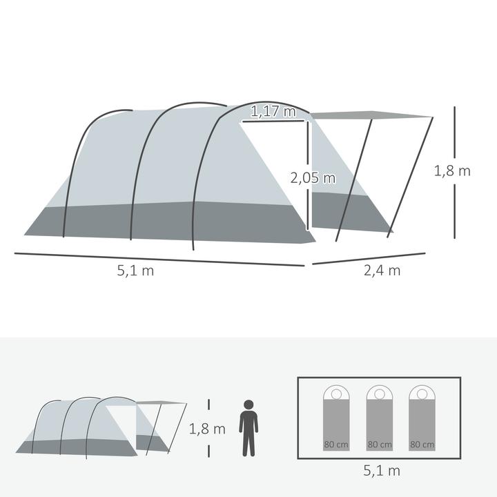 Produktbild Outsunny Campingzelt mit Erdspiesse, Spannseile und Tragetasche (Tunnelzelt, 8.50 kg, 8 Personen)