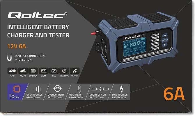 Produktbild Qoltec Inteligentna mikroprocesorowa ładowarka z testerem baterii i funkcją naprawy 12V | 6A | LCD | (12V, 6 A)