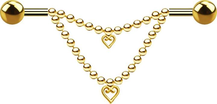 Produktbild Star Piercing Barbell vergoldet zwei Kugeln zwei Ketten Herz (ohne Messing, Chirurgenstahl 316L)