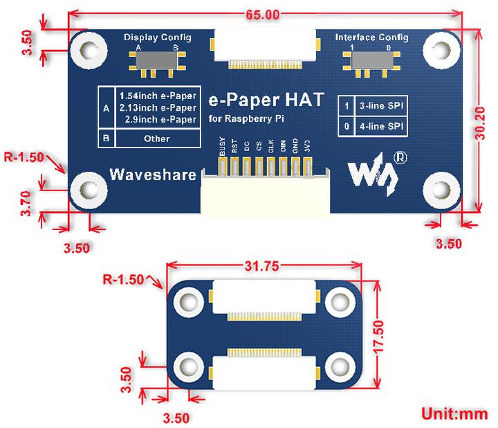 Immagine prodotto WaveShare Display E-Ink a 3 colori 800×480 da 7,5 pollici Raspberry Pi HAT