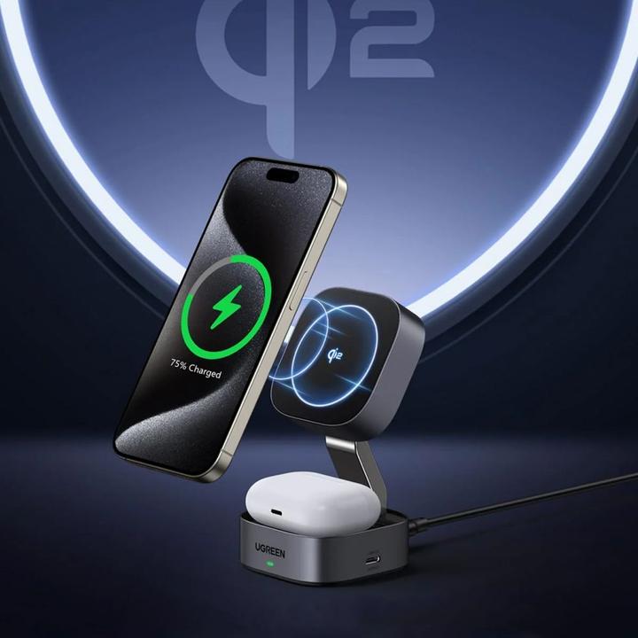Immagine prodotto Ugreen W702 Caricatore induttivo 3in1 con MagSafe / Qi2 e porta USB-C per telefono / cuffie - nero (15 W)