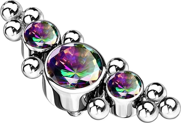 Star Piercing Dermal Anchor silber mittig mit Kugeln und drei Kristallen dunkel multicolor (Titan G23, ohne Messing)