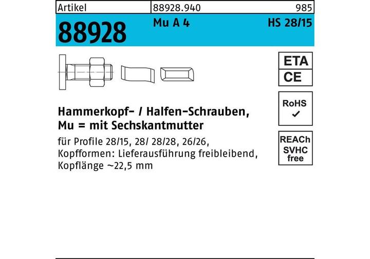 Image du produit Halfen Vis à tête marteau R 88928 Type 28/15 Écrou hexagonal M 10 x 40 Mu A 4 (50 Vis par pièce)