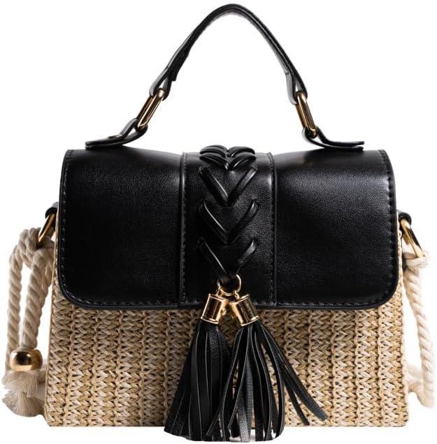 Produktbild Only-Bags.Store Quaste Dekor Stroh gewebt Handtaschen, Mini Rope Strap Crossbody Strandtasche, Frauen Top Handle
