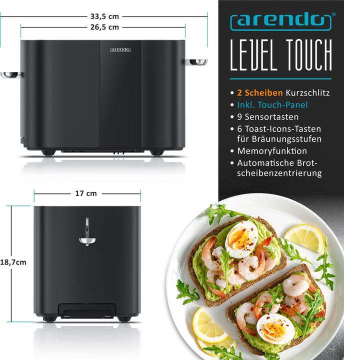 Produktbild Arendo Toaster Edelstahl 2 Scheiben Kurzschlitz, Touch Display, Bräunungsgrad & Restzeitanzeige, 800 W (EU-Stecker)