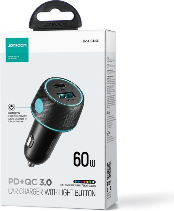 Image du produit Joyroom Chargeur de voiture multi-couleurs avec USB-A+USB-C 60W - Noir
