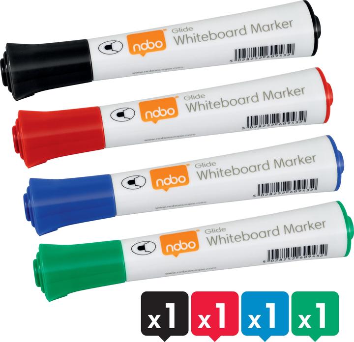 Actual product image Nobo Glide board marker ass. (4) (green and black, Blue, assorted: 1 piece each in red, 3 mm, 4 x)